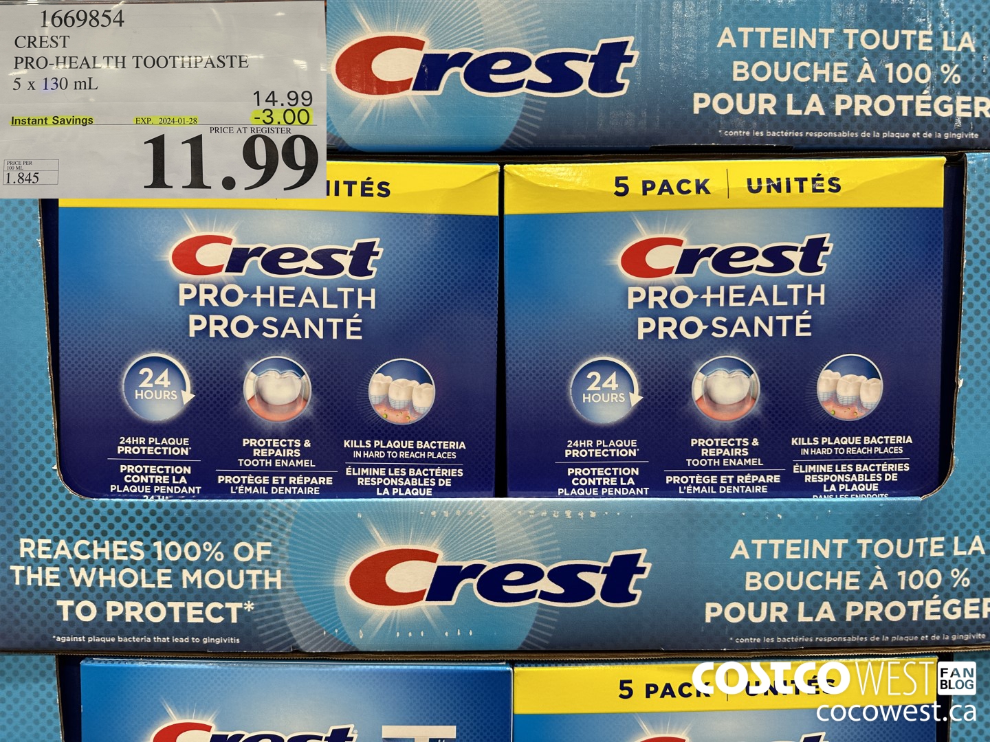 1669854 CREST PRO-HEALTH TOOTHPASTE 5 X 130 ML ($3.00 INSTANT SAVINGS EXPIRES ON 2024-01-28) $11.99