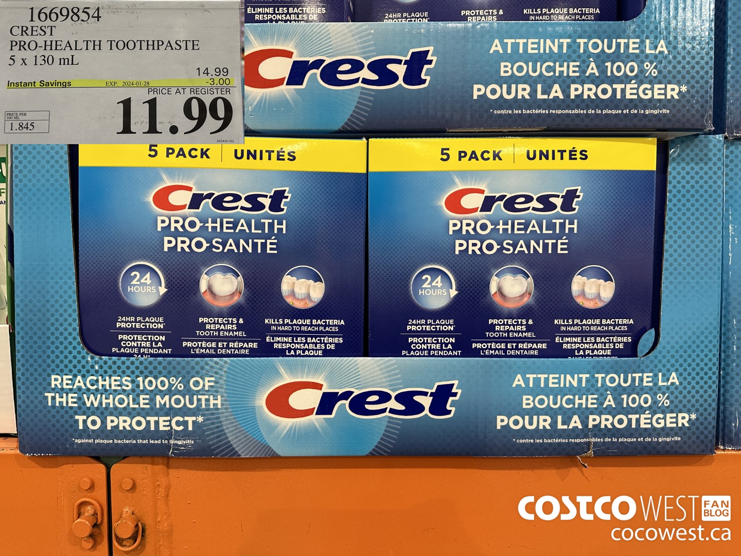 1669854 CREST PRO-HEALTH TOOTHPASTE 5 X 130 ML ($3.00 INSTANT SAVINGS EXPIRES ON 2024-01-28) $11.99