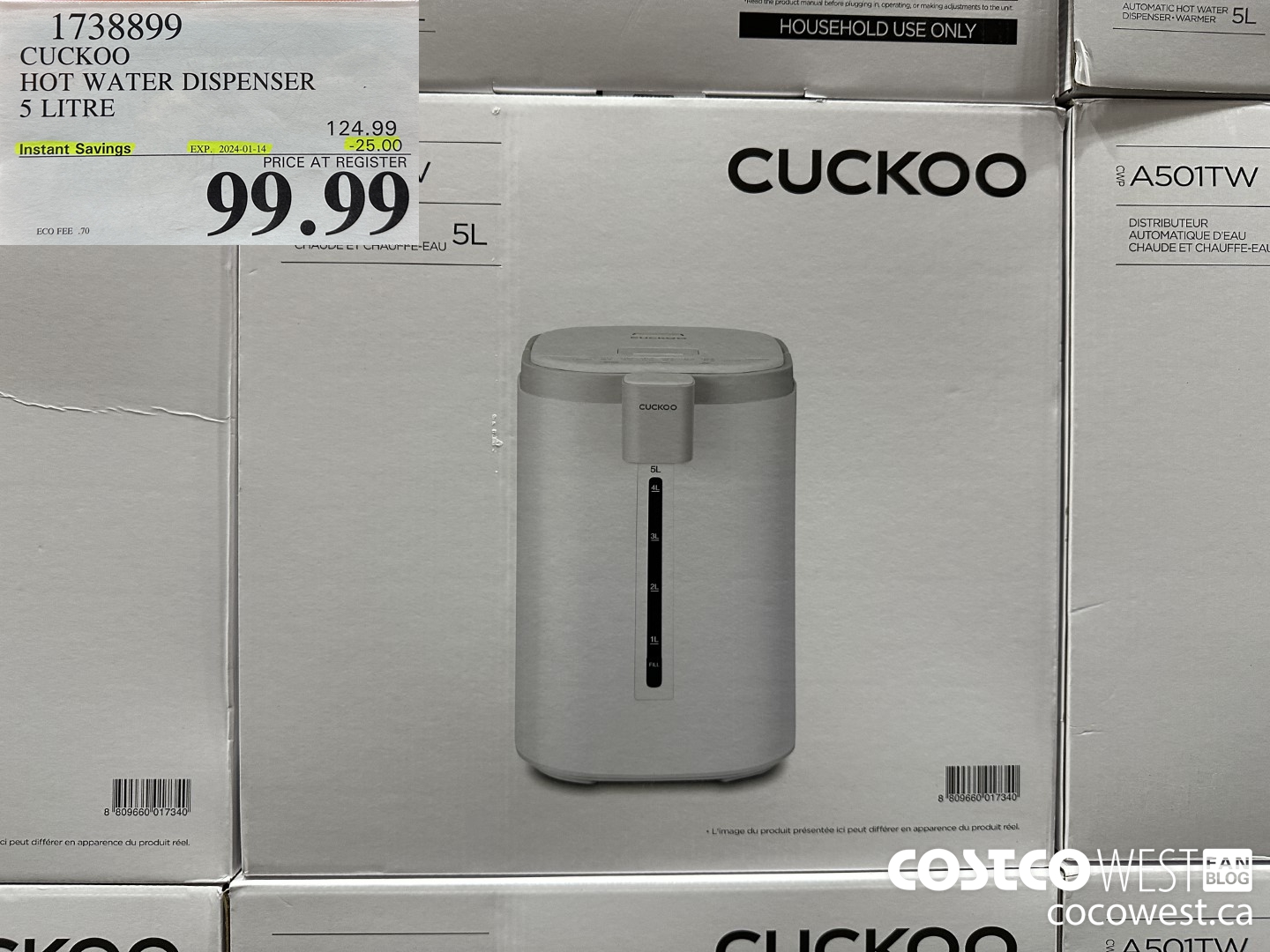 1738899 CUCKOO HOT WATER DISPENSER 5 LITRE ($25.00 INSTANT SAVINGS EXPIRES ON 2024-01-14) $99.99