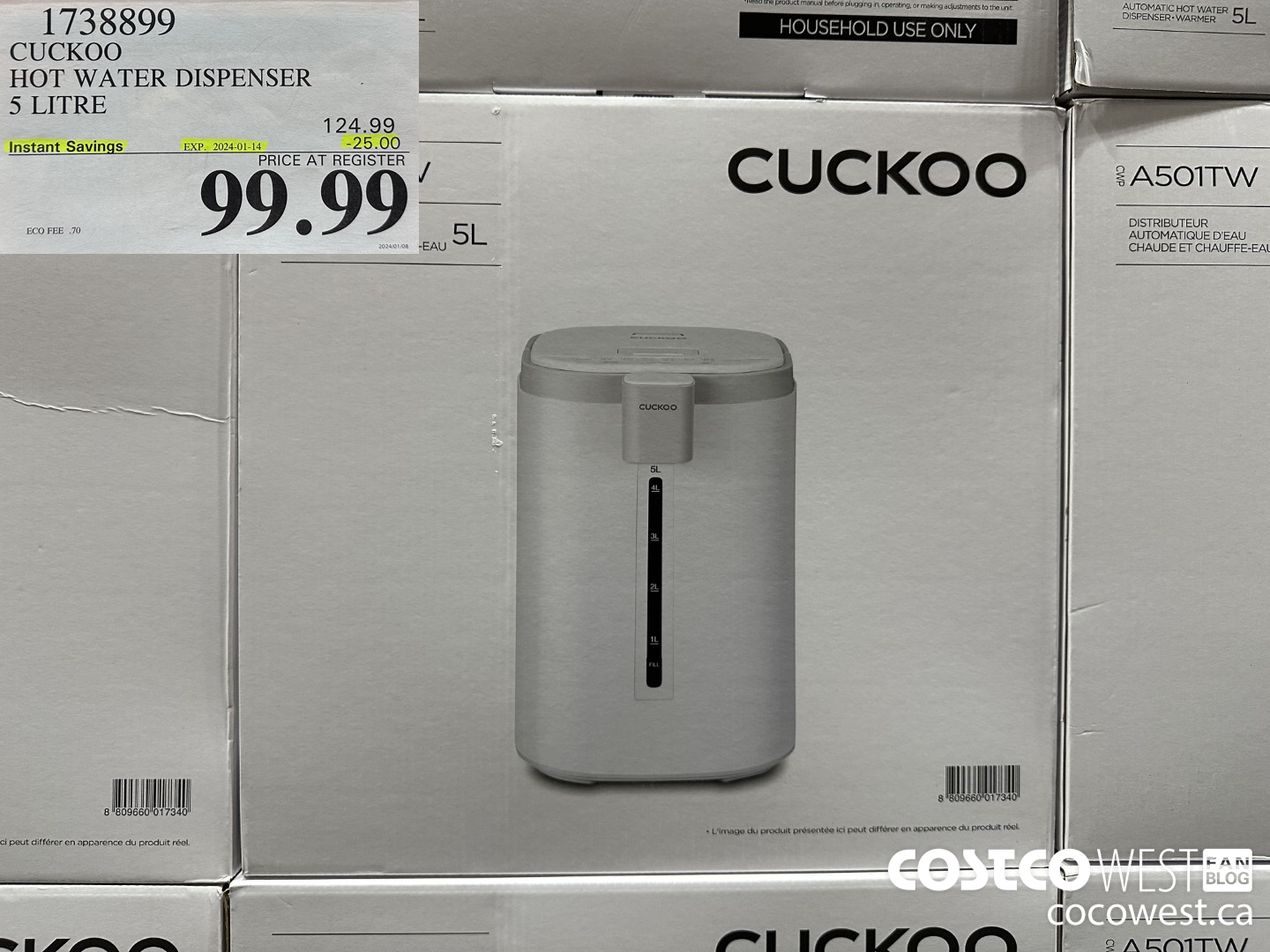 1738899 CUCKOO HOT WATER DISPENSER 5 LITRE ($25.00 INSTANT SAVINGS EXPIRES ON 2024-01-14) $99.99