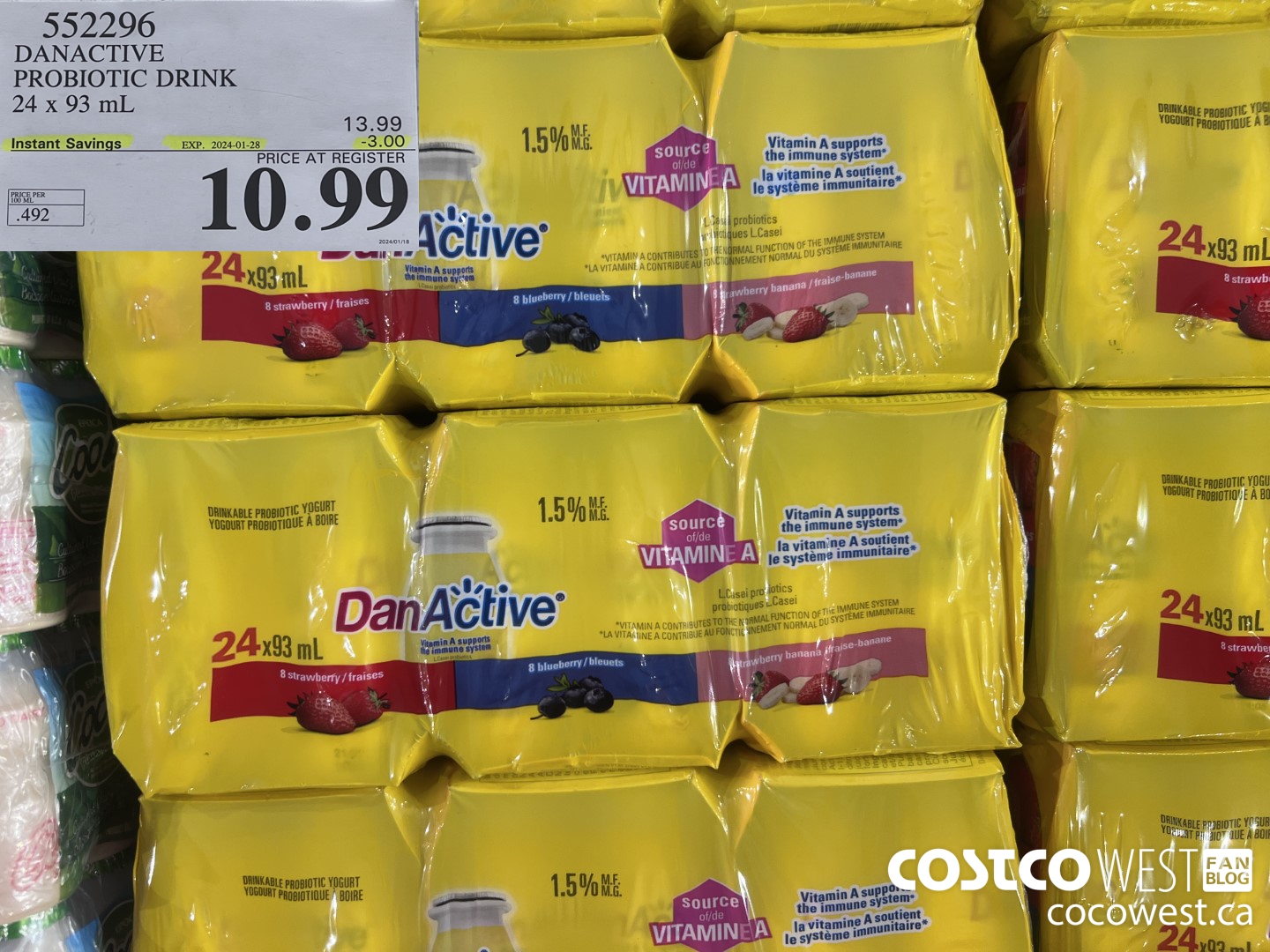 552296 DANACTIVE PROBIOTIC DRINK 24 x 93 mL ($3.00 INSTANT SAVINGS EXPIRES ON 2024-01-28) $10.99