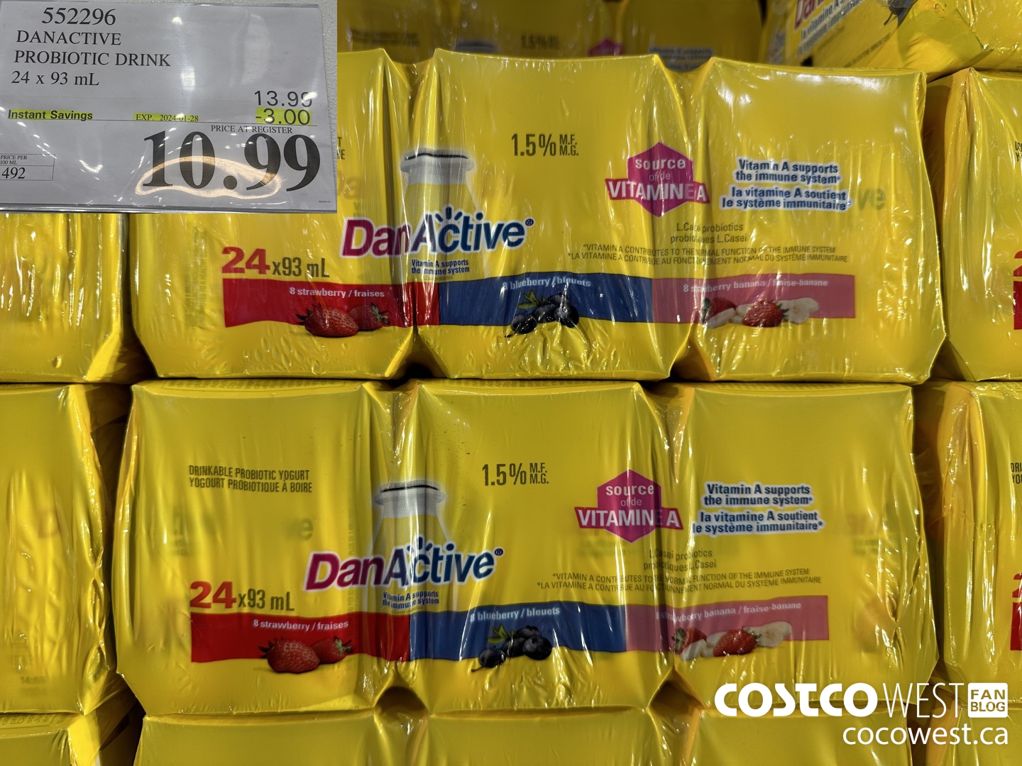 552296 DANACTIVE PROBIOTIC DRINK 24 x 93 mL ($3.00 INSTANT SAVINGS EXPIRES ON 2024-01-28) $10.99