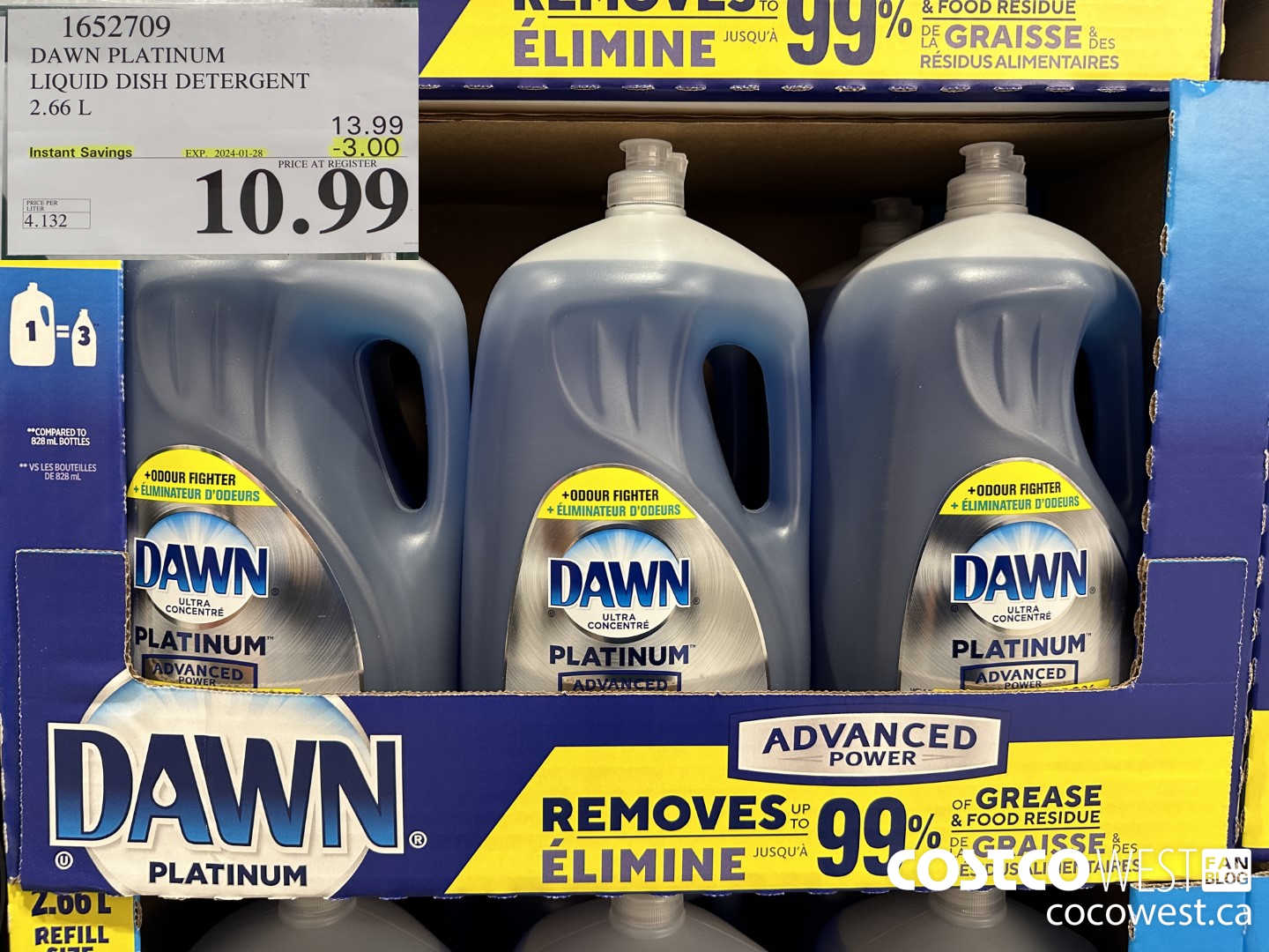 1652709 DAWN PLATINUM LIQUID DISH DETERGENT 2.66L ($3.00 INSTANT SAVINGS EXPIRES ON 2024-01-28) $10.99