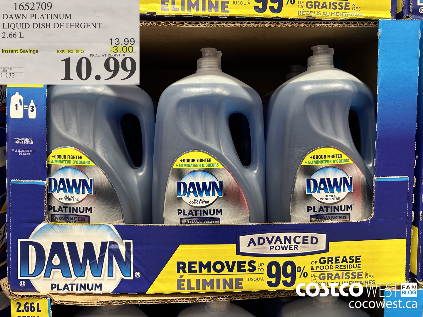 1652709 DAWN PLATINUM LIQUID DISH DETERGENT 2.66L ($3.00 INSTANT SAVINGS EXPIRES ON 2024-01-28) $10.99