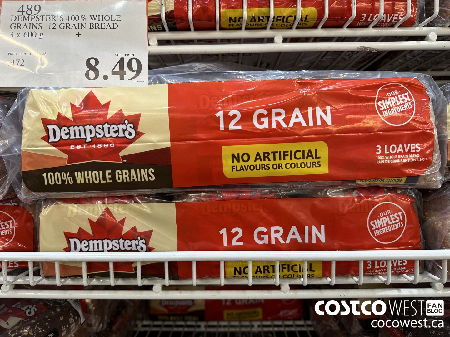 489 DEMPSTER'S 100% WHOLE GRAINS 12 GRAIN BREAD 3 X 600 G $8.49