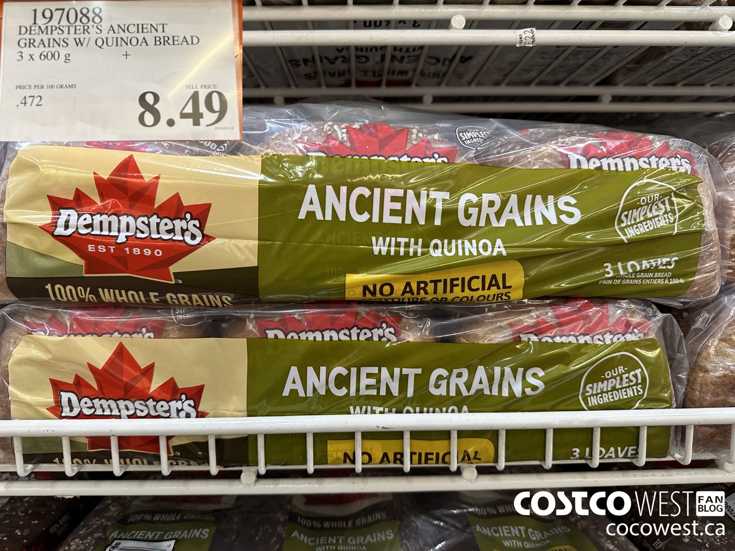 197088 DEMPSTER'S ANCIENT GRAINS W/ QUINOA BREAD 3 x 600 g $8.49