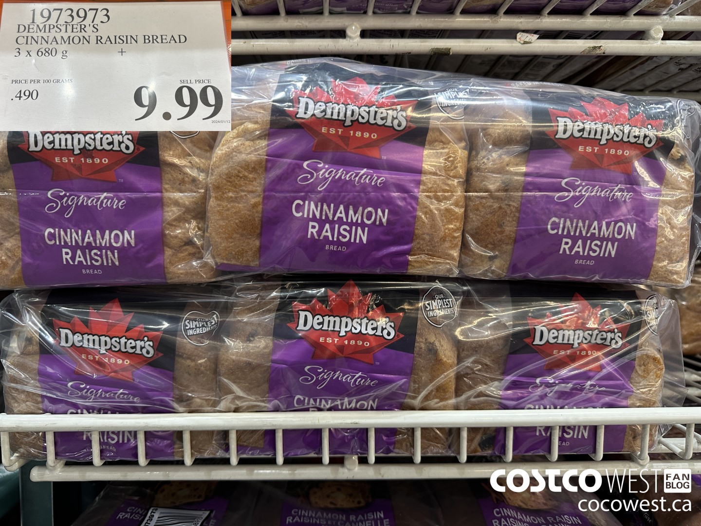 1973973 DEMPSTER'S CINNAMON RAISIN BREAD 3 x 680g $9.99