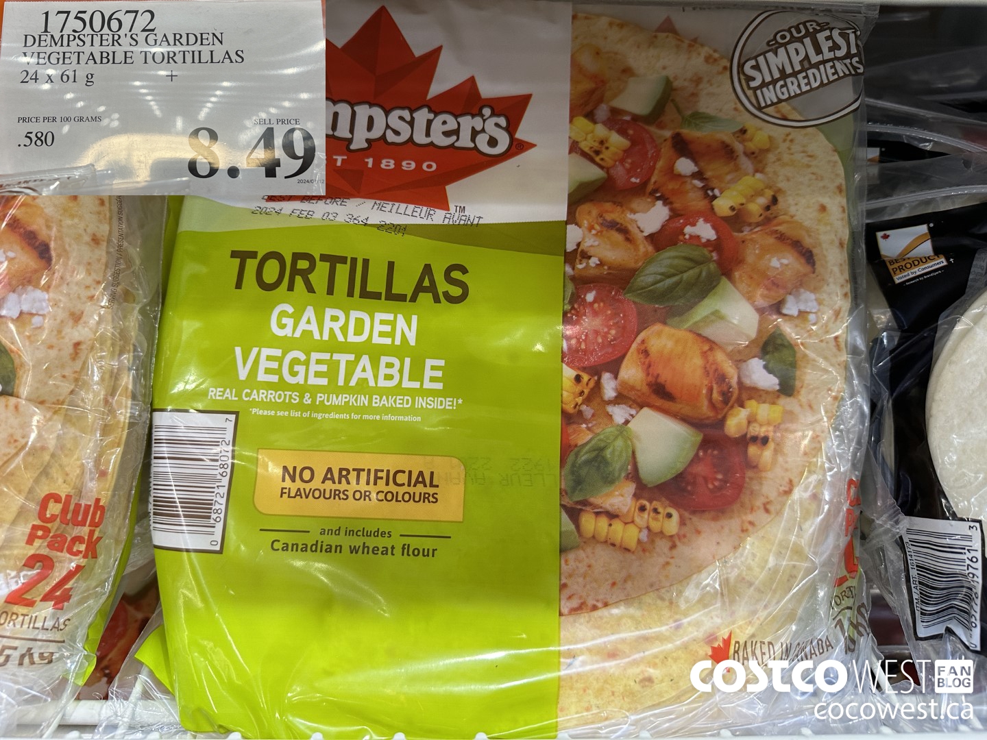 1750672 DEMPSTER'S GARDEN VEGETABLE TORTILLAS 24 X 61 G $8.49