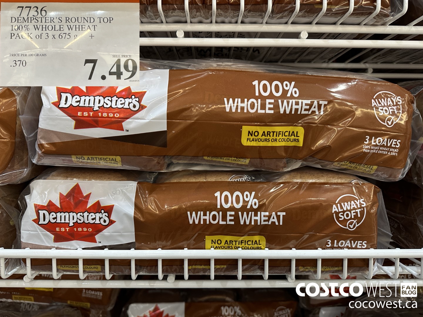 7736 DEMPSTER'S ROUND TOP 100% WWHOLE WHEAT PACK OF 3 X 675 G $7.49