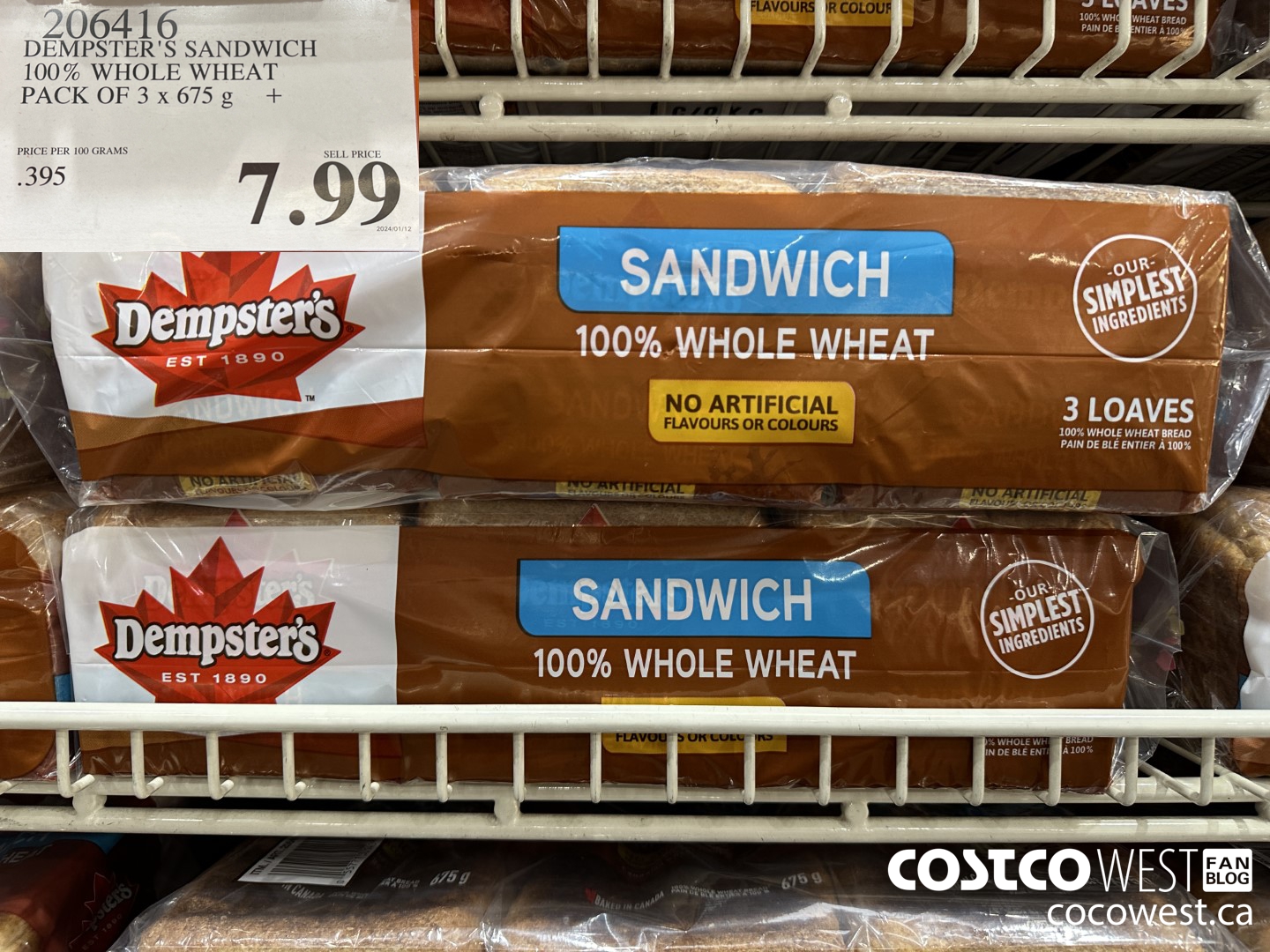 206416 DEMPSTER'S SANDWICH 100% WHOLE WHEAT PACK OF 3 x 675 g $7.99