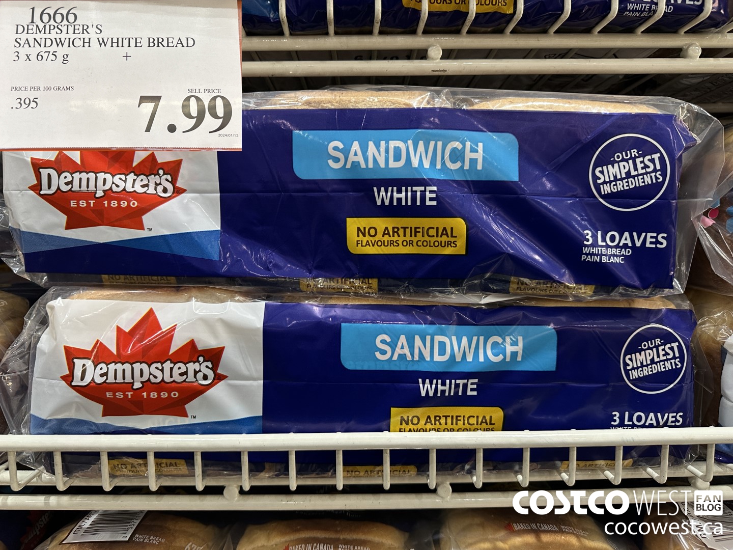1666 DEMPSTER'S SANDWICH WHITE BREAD PACK OF 3 x 675 g $7.99