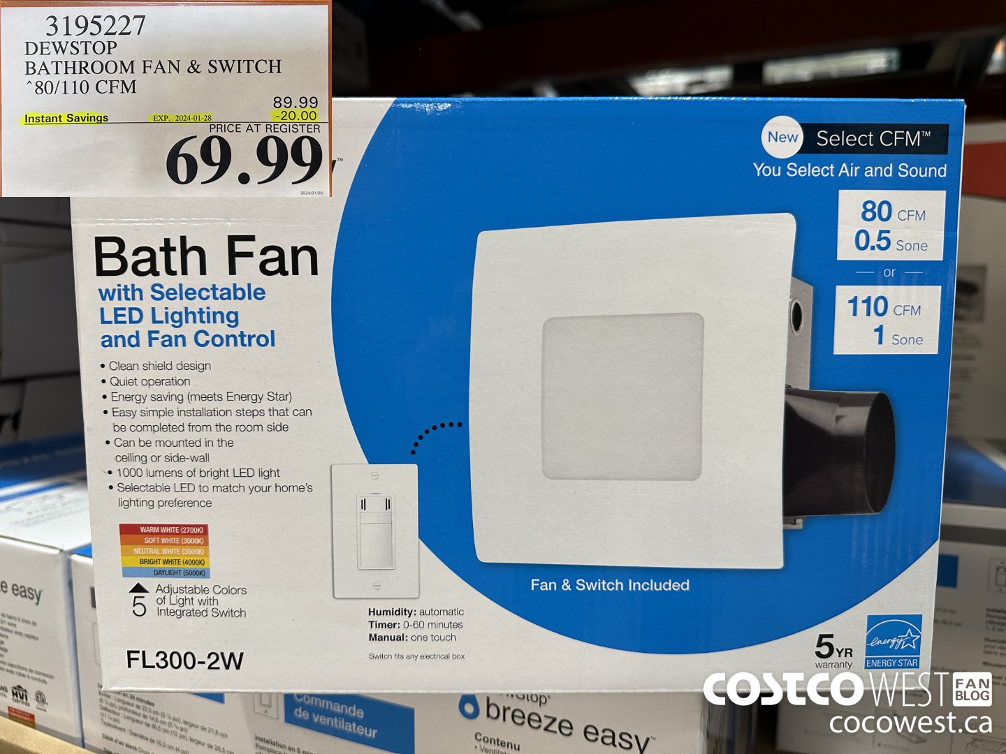 3195227 DEWSTOP BATHROOM FAN & SWITCH 80/110 CFM ($20.00 INSTANT SAVINGS EXPIRES ON 2024-01-28) $69.99