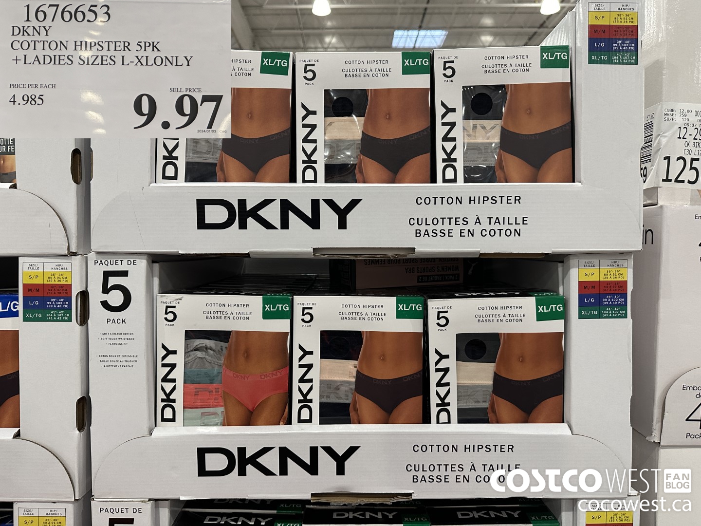 1676653 DKNY COTTON HIPSTER 5PK LADIES SIZES L-XL ONLY $9.97