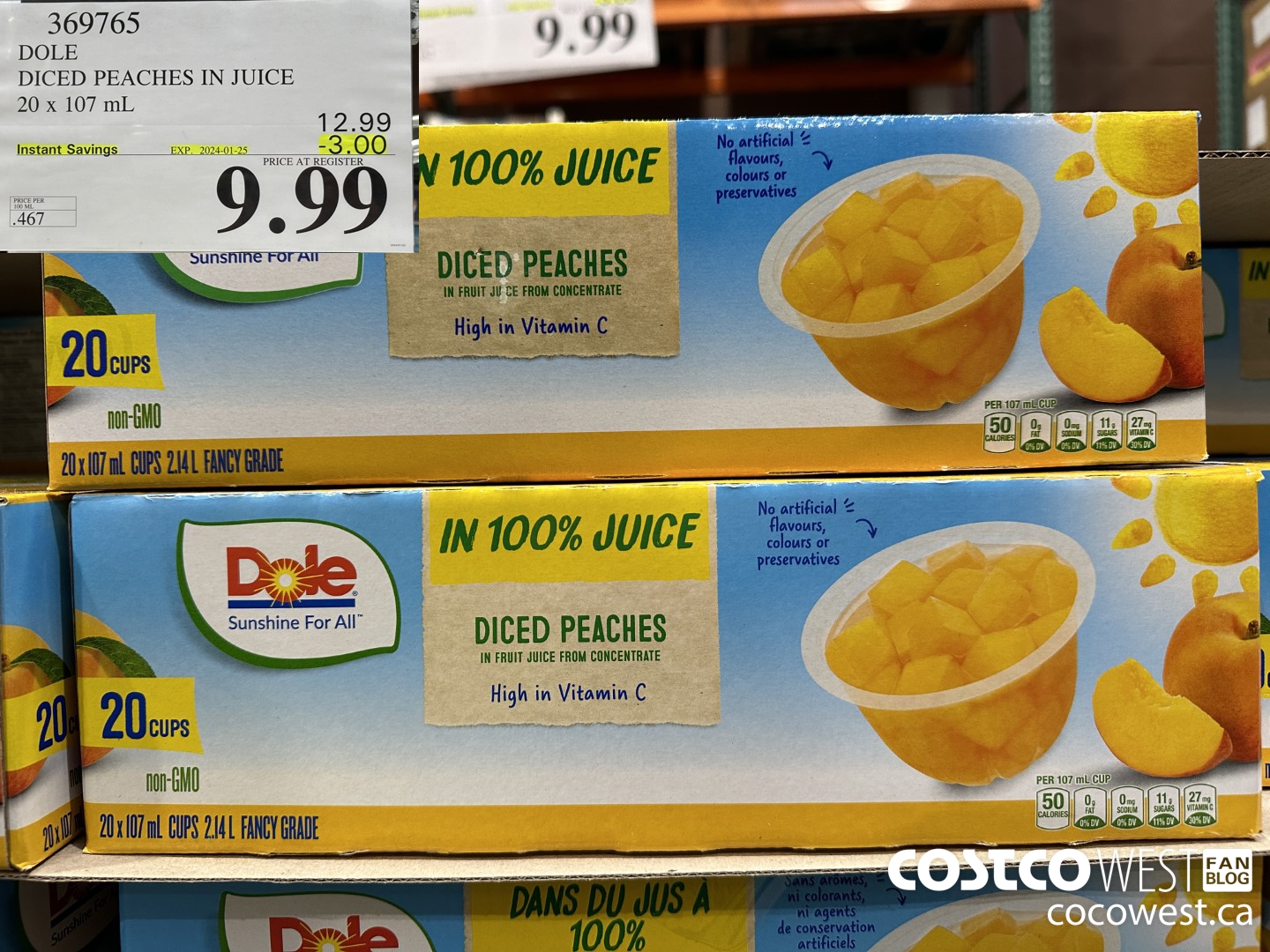 369765 DOLE DICED PEACHES IN JUICE 20 X 107ML ($3.00 INSTANT SAVINGS EXPIRES ON 2024-01-25) $9.99