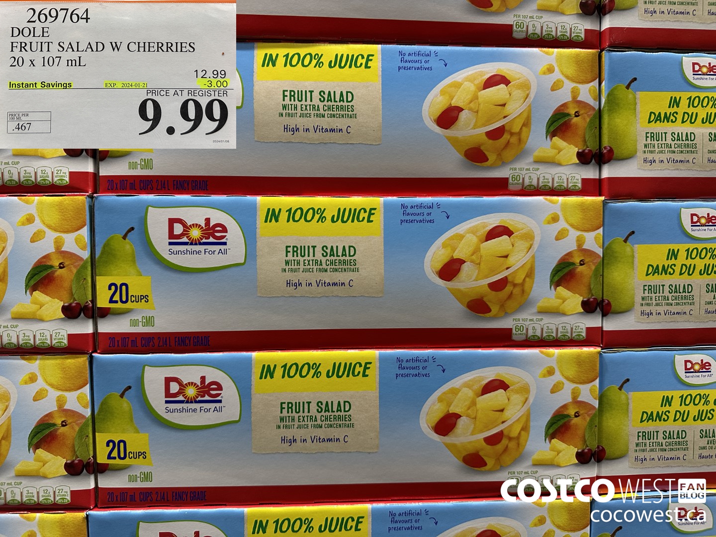 269764 DOLE FRUIT SALAD W CHERRIES 20 x 107 mL ($3.00 INSTANT SAVINGS EXPIRES ON 2024-01-21) $9.99