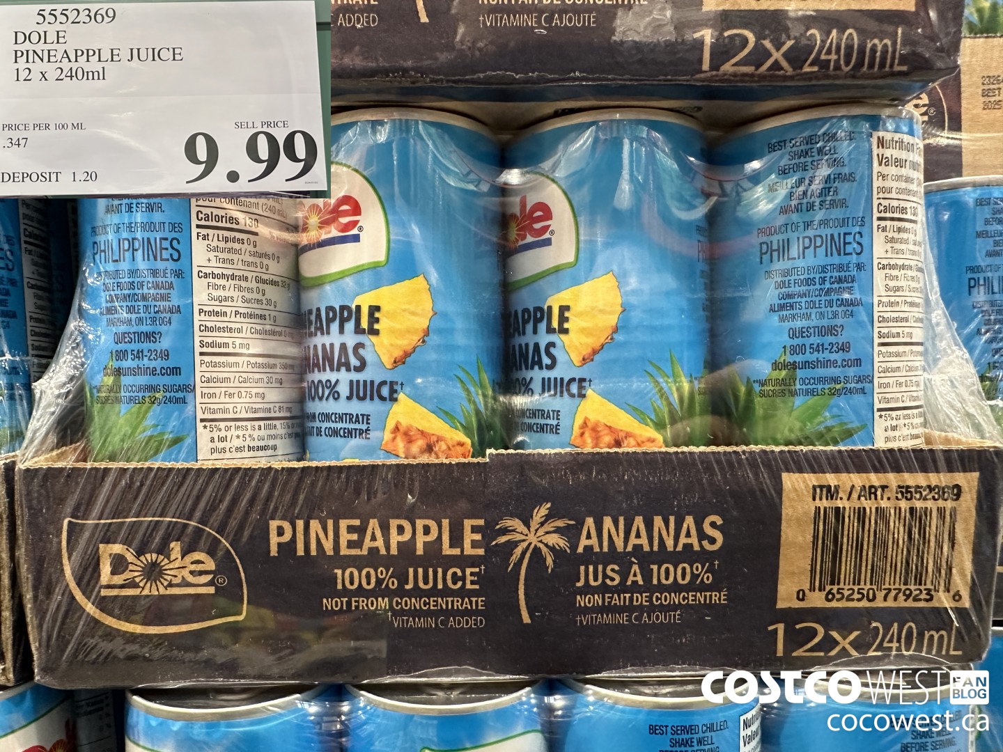 5552369 DOLE PINEAPPLE JUICE 12 X 240 ML $9.99