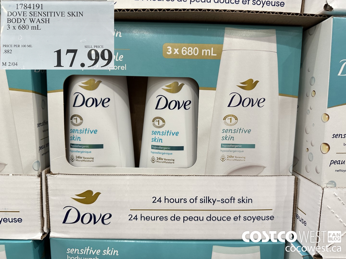1784191 DOVE SENSITIVE SKIN BODY WASH 3 X 680 ML $17.99