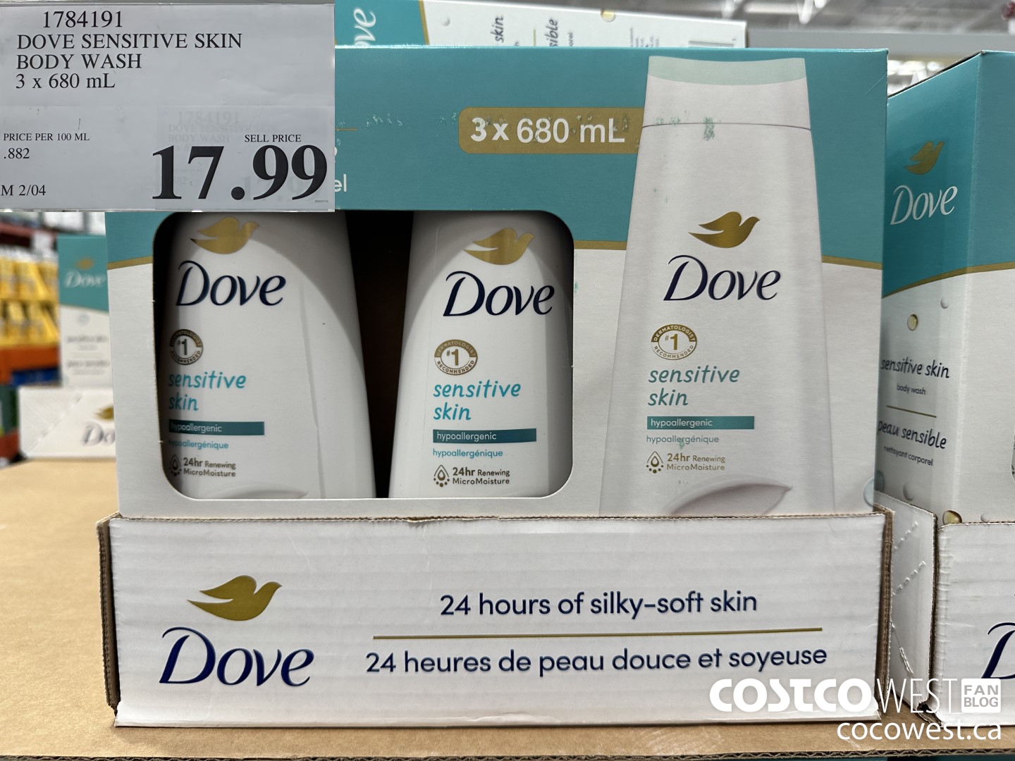 1784191 DOVE SENSITIVE SKIN BODY WASH 3 X 680 ML $17.99