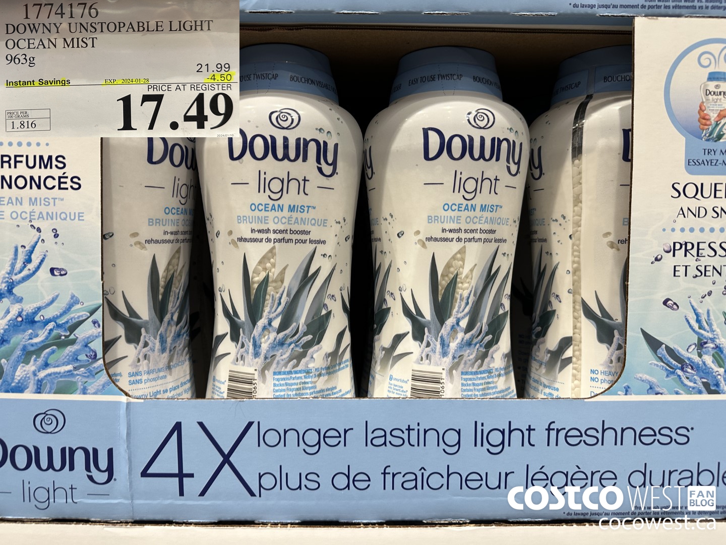 1774176 DOWNY UNSTOPABLE LIGHT OCEAN MIST 963G ($4.50 INSTANT SAVINGS EXPIRES ON 2024-01-28) $17.49