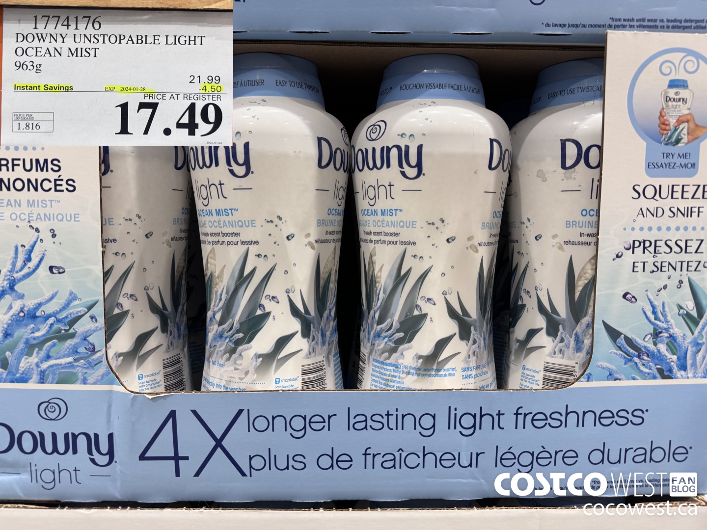 1774176 DOWNY UNSTOPABLE LIGHT OCEAN MIST 963G ($4.50 INSTANT SAVINGS EXPIRES ON 2024-01-28) $17.49