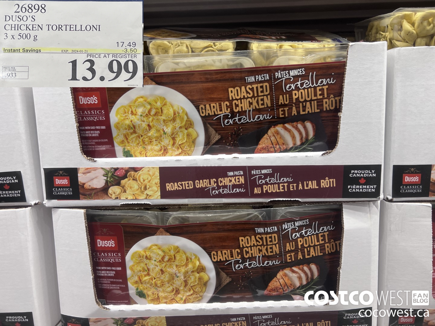 26898 DUSO'S CHICKEN TORTELLONI 3 x 500 g ($3.50 INSTANT SAVINGS EXPIRES ON 2024-01-21) $13.99