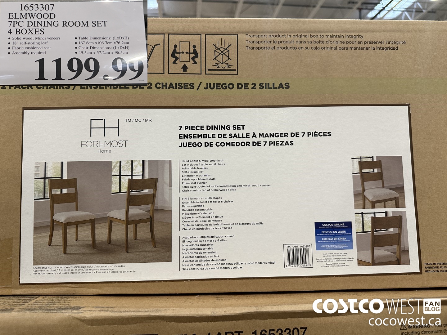 1653307 ELMWOOD 7PC DINING ROOM SET 4 BOXES $1199.99