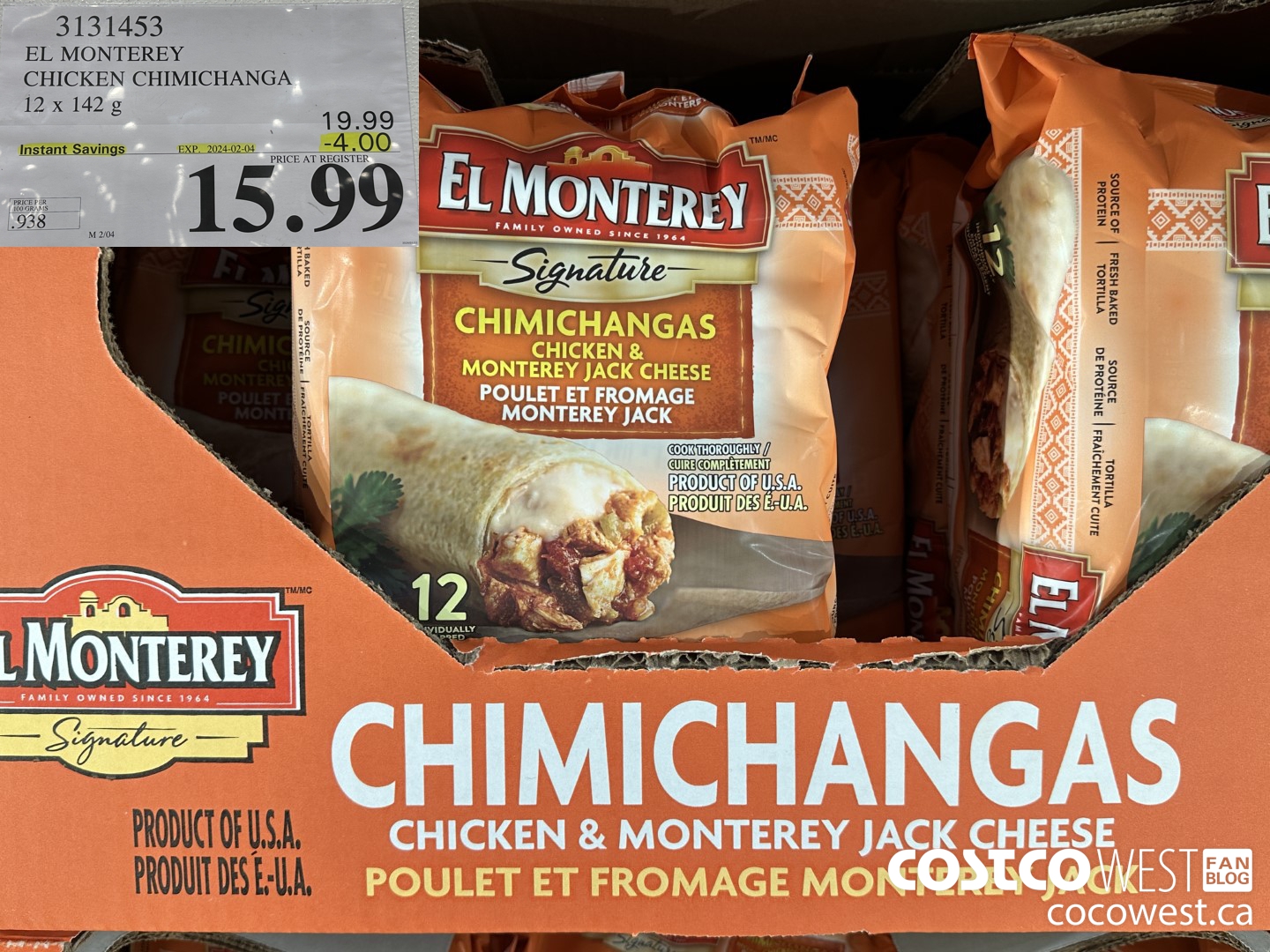 3131453 EL MONTEREY CHICKEN CHIMICHANGA 12 X 142G ($4.00 INSTANT SAVINGS EXPIRES ON 2024-02-04) $15.99