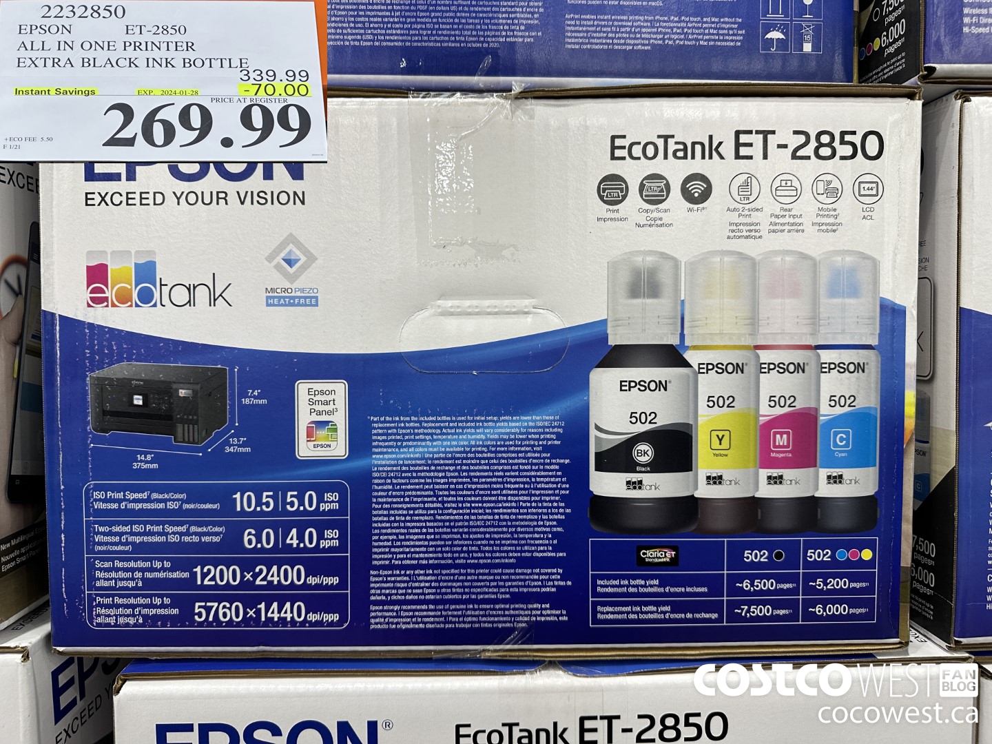2232850 EPSON ET-2850 ALL IN ONE PRINTER EXTRA BLACK INK BOTTLE ($70.00 INSTANT SAVINGS EXPIRES ON 2024-01-28) $269.99