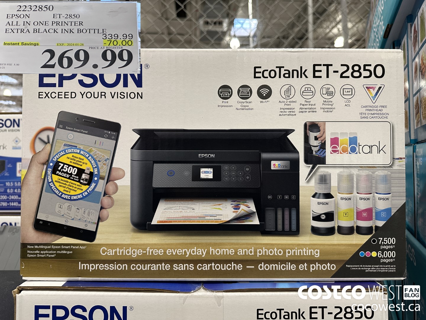 2232850 EPSON ET-2850 ALL IN ONE PRINTER EXTRA BLACK INK BOTTLE ($70.00 INSTANT SAVINGS EXPIRES ON 2024-01-28) $269.99