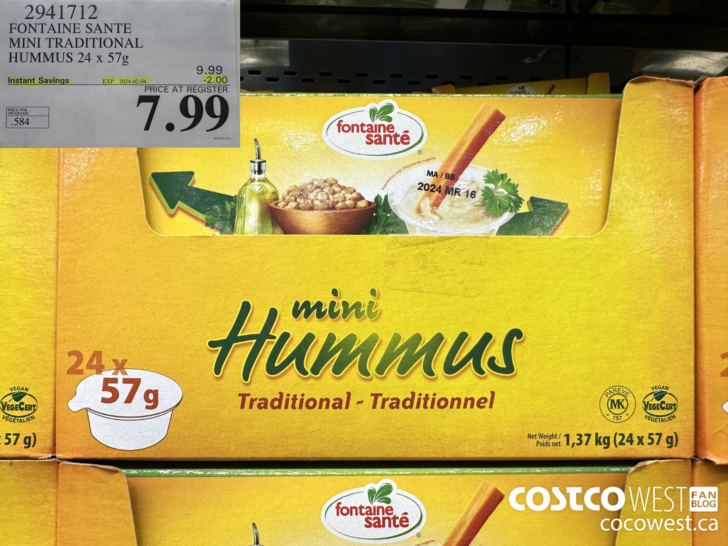 2941712 FONTAINE SANTE MINI TRADITIONAL HUMMUS 24 X 57 G ($2.00 INSTANT SAVINGS EXPIRES ON 2024-02-04) $7.99