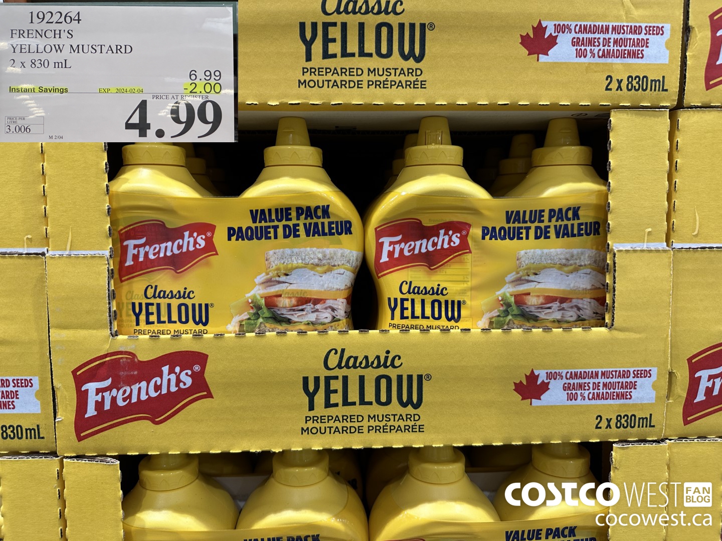 192264 FRENCH'S YELLOW MUSTARD 2 x 830 mL ($2.00 INSTANT SAVINGS EXPIRES ON 2024-02-04) $4.99