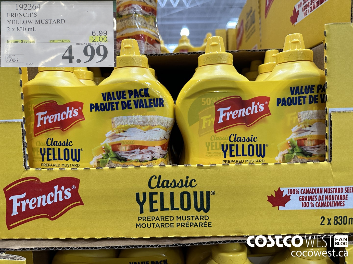 192264 FRENCH'S YELLOW MUSTARD 2 x 830 mL ($2.00 INSTANT SAVINGS EXPIRES ON 2024-02-04) $4.99