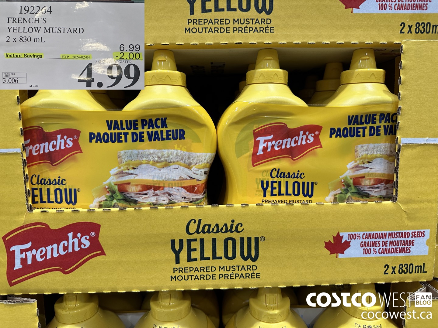 192264 FRENCH'S YELLOW MUSTARD 2 x 830 mL ($2.00 INSTANT SAVINGS EXPIRES ON 2024-02-04) $4.99