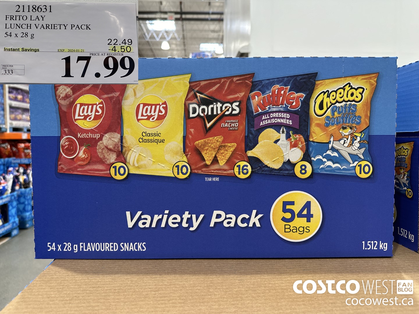 2118631 FRITO LAY LUNCH VARIETY PACK 54 X 28 G ($4.50 INSTANT SAVINGS EXPIRES ON 2024-01-21) $17.99