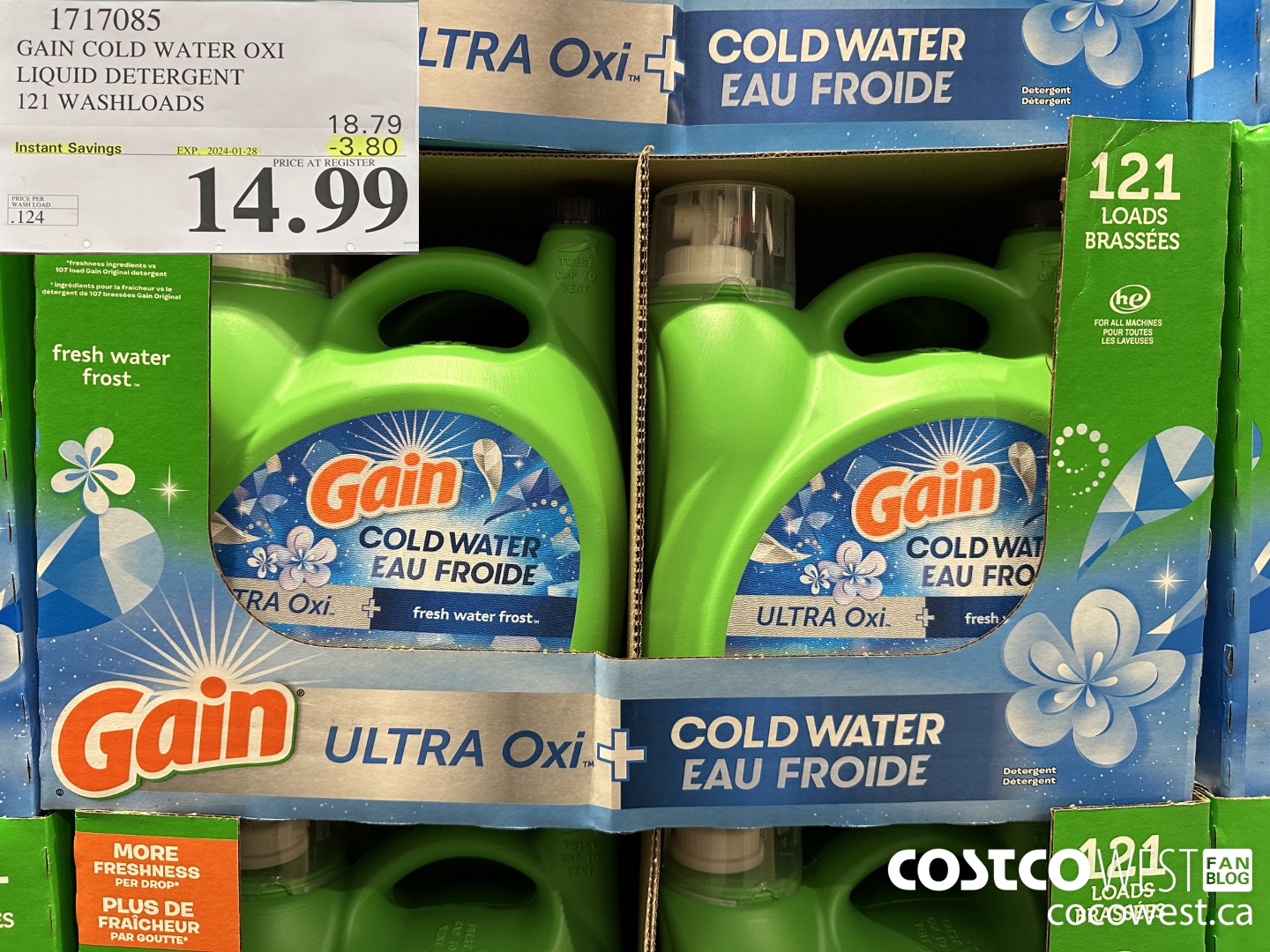 1717085 GAIN COLD WATER OXI LIQUID DETERGENT 121 WASHLOADS ($3.80 INSTANT SAVINGS EXPIRES ON 2024-01-28) $14.99