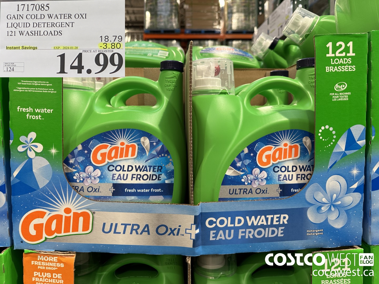 1717085 GAIN COLD WATER OXI LIQUID DETERGENT 121 WASHLOADS ($3.80 INSTANT SAVINGS EXPIRES ON 2024-01-28) $14.99