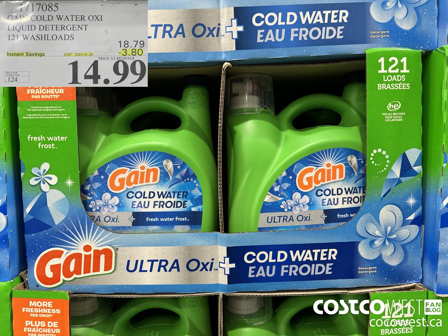 1717085 GAIN COLD WATER OXI LIQUID DETERGENT 121 WASHLOADS ($3.80 INSTANT SAVINGS EXPIRES ON 2024-01-28) $14.99