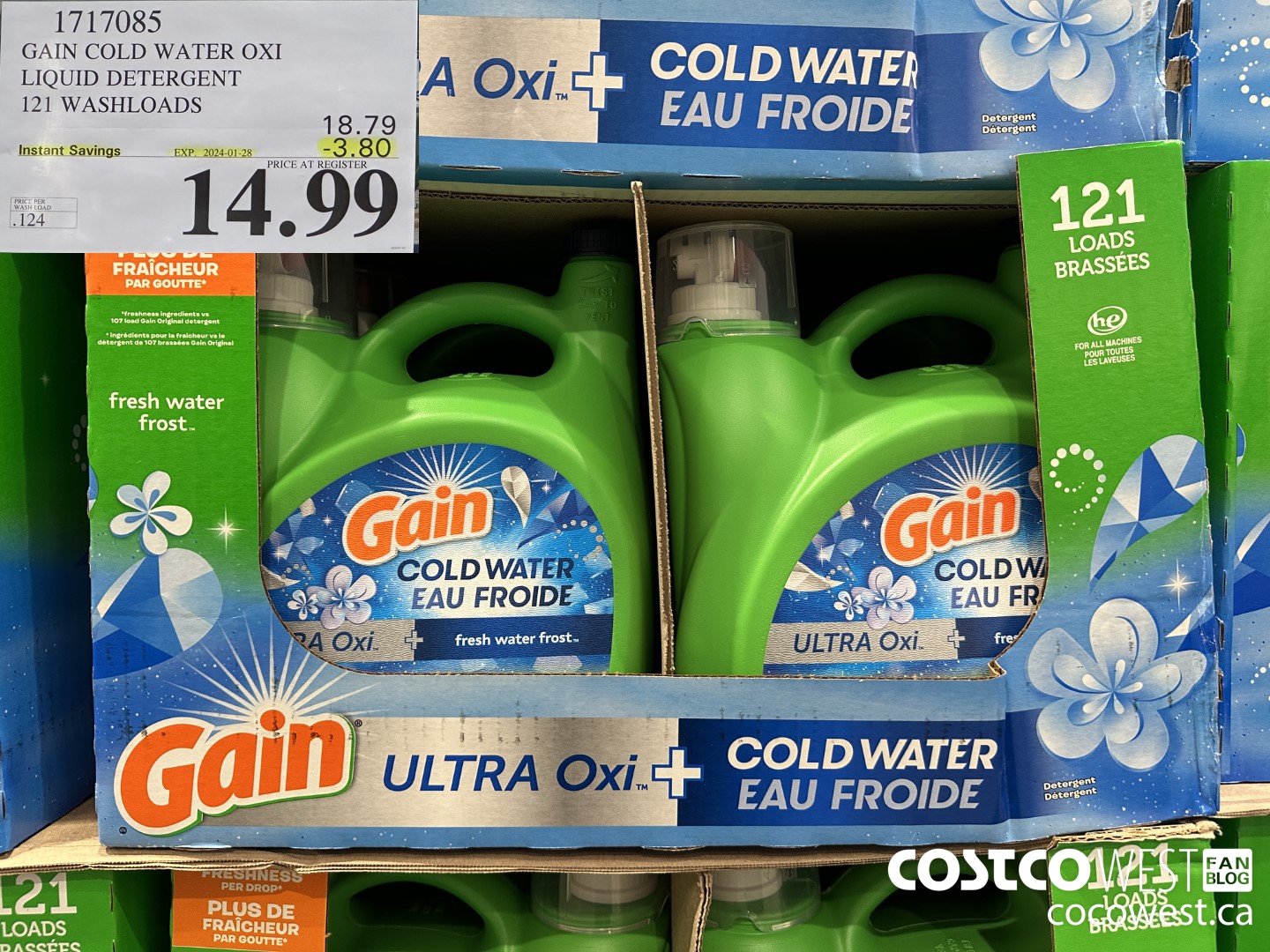 1717085 GAIN COLD WATER OXI LIQUID DETERGENT 121 WASHLOADS ($3.80 INSTANT SAVINGS EXPIRES ON 2024-01-28) $14.99