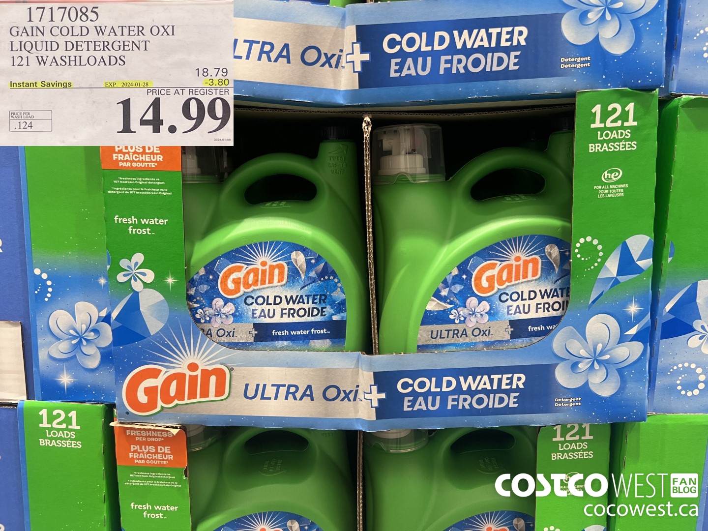 1717085 GAIN COLD WATER OXI LIQUID DETERGENT 121 WASHLOADS ($3.80 INSTANT SAVINGS EXPIRES ON 2024-01-28) $14.99