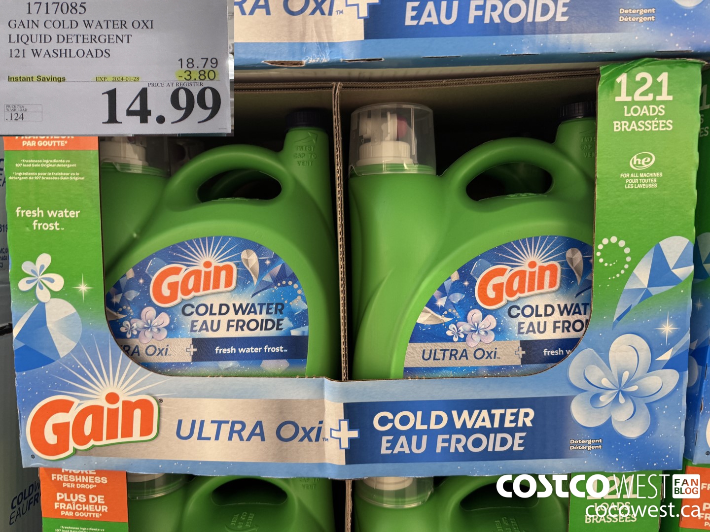 1717085 GAIN COLD WATER OXI LIQUID DETERGENT 121 WASHLOADS ($3.80 INSTANT SAVINGS EXPIRES ON 2024-01-28) $14.99