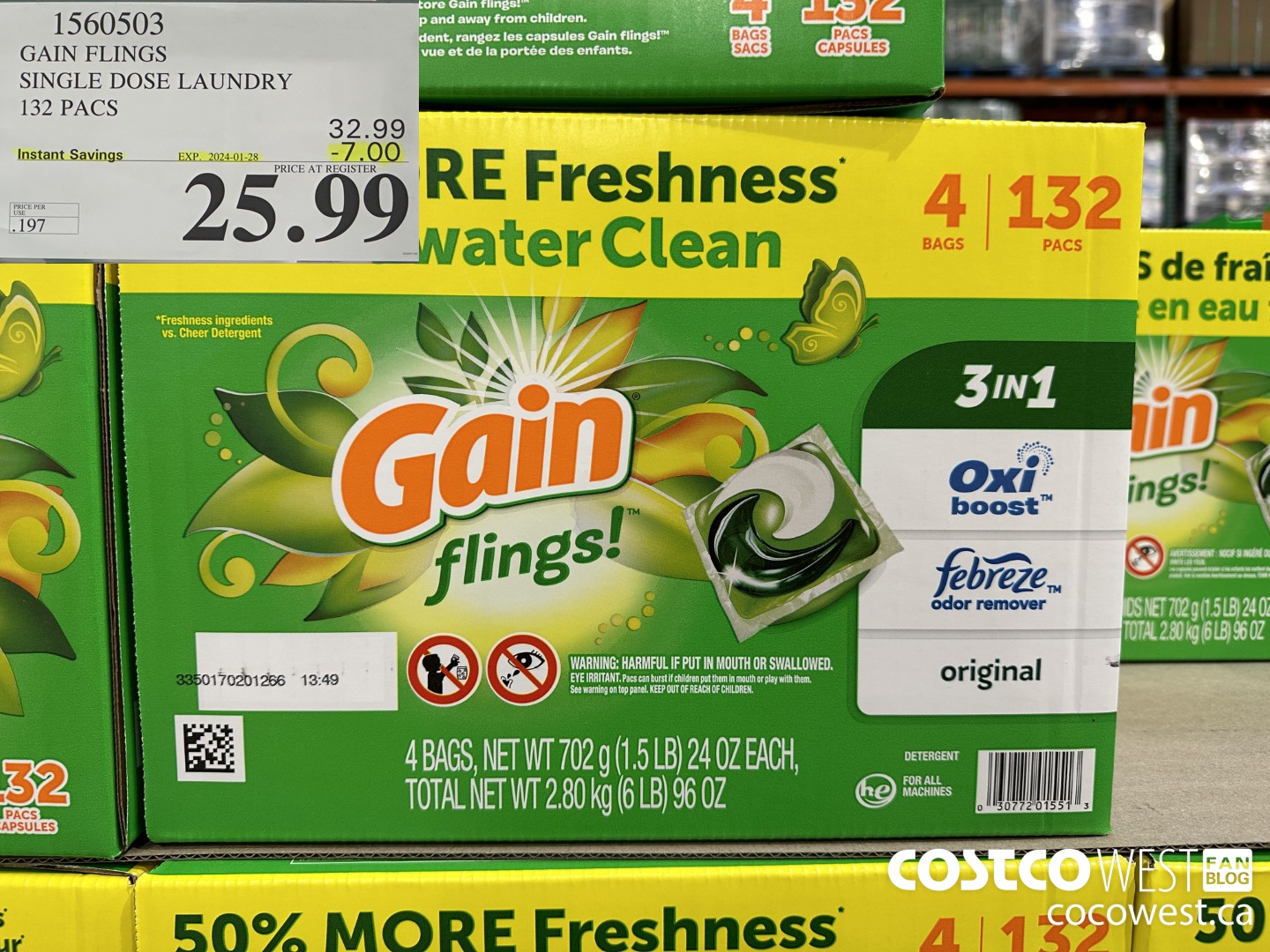 1560503 GAIN FLINGS SINGLE DOSE LAUNDRY 132 pacs ($7.00 INSTANT SAVINGS EXPIRES ON 2024-01-28) $25.99