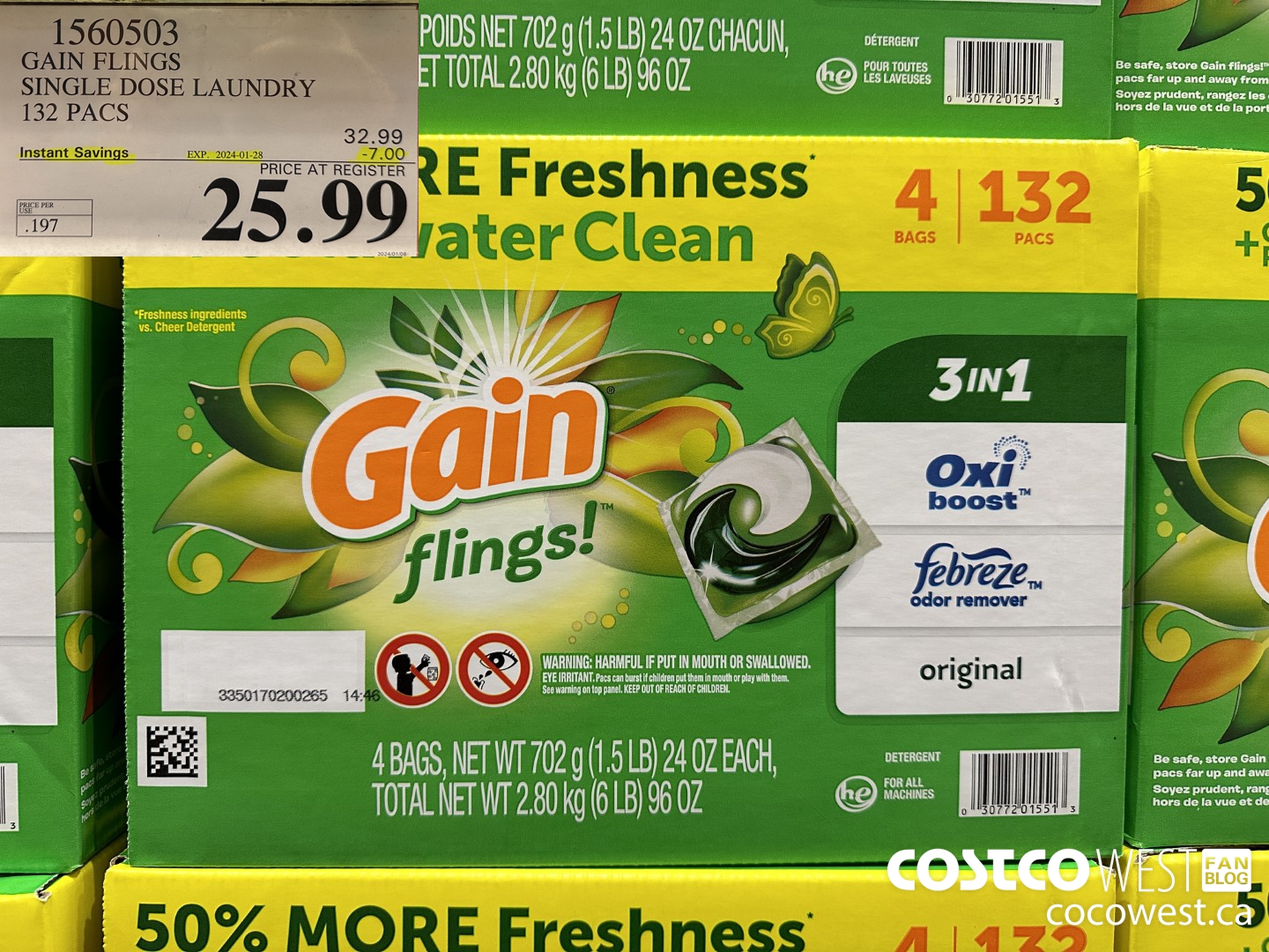 1560503 GAIN FLINGS SINGLE DOSE LAUNDRY 132 pacs ($7.00 INSTANT SAVINGS EXPIRES ON 2024-01-28) $25.99