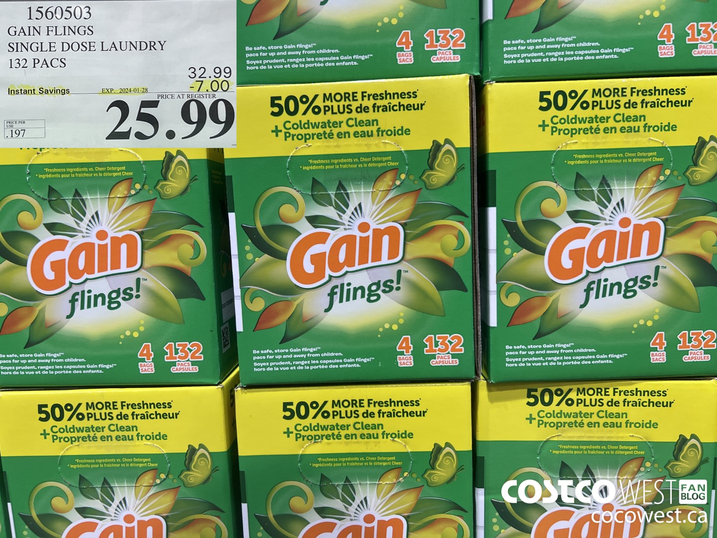 1560503 GAIN FLINGS SINGLE DOSE LAUNDRY 132 pacs ($7.00 INSTANT SAVINGS EXPIRES ON 2024-01-28) $25.99