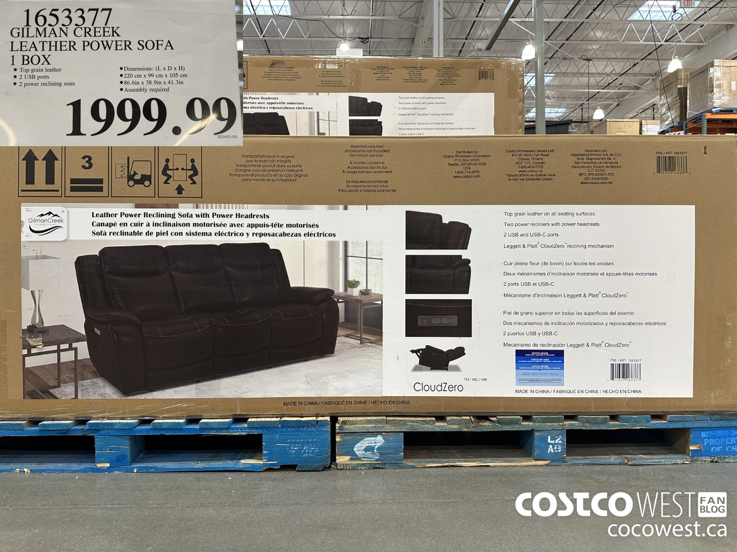 1653377 GILMAN CREEK LEATHER POWER SOFA 1 BOX $1999.99