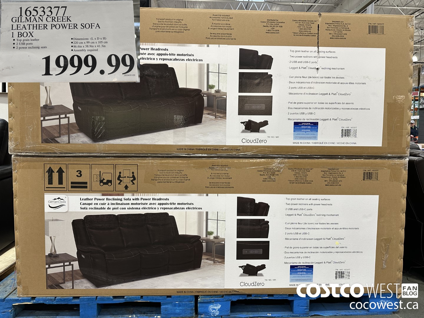 1653377 GILMAN CREEK LEATHER POWER SOFA 1 BOX $1999.99