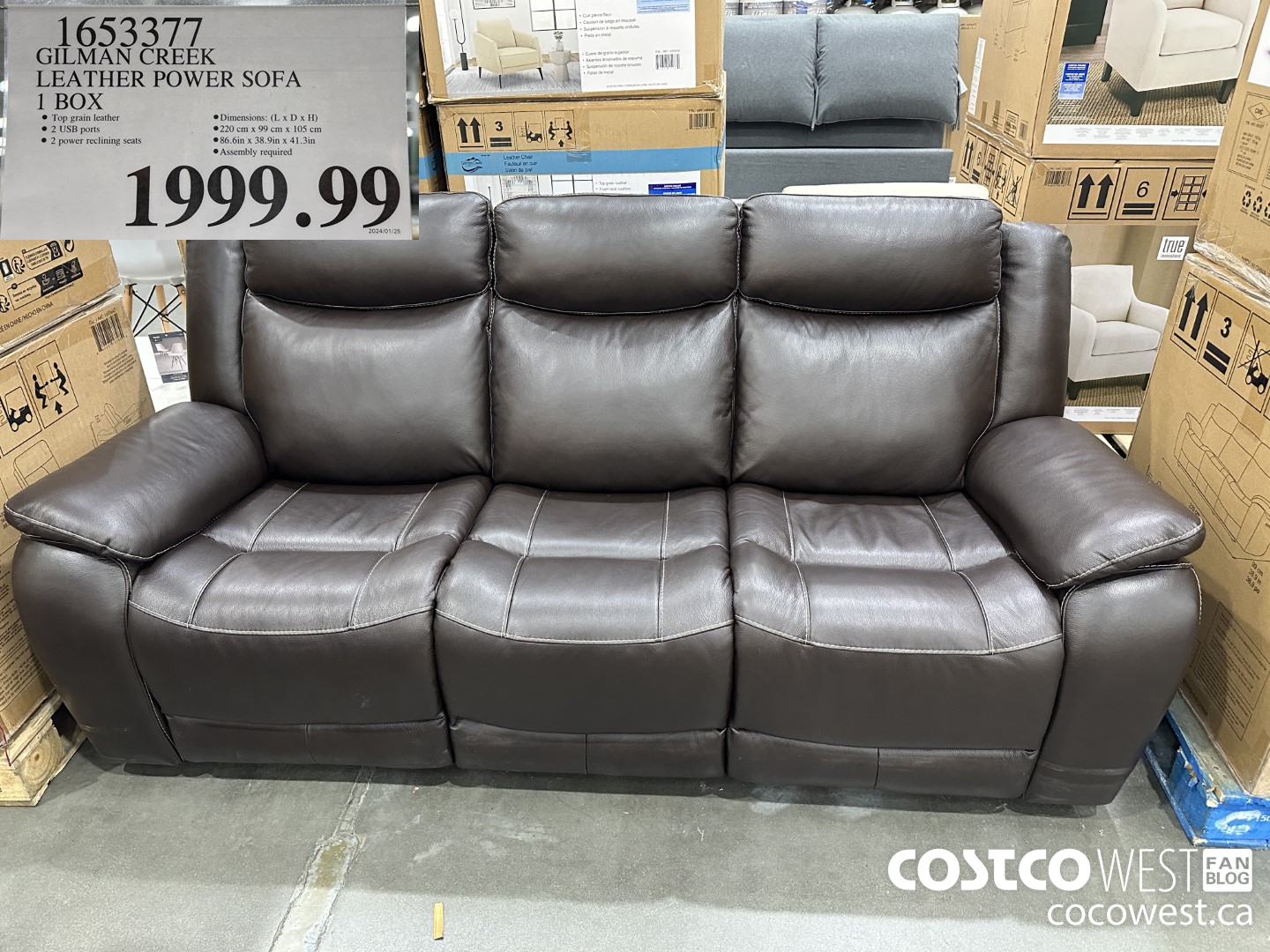 1653377 GILMAN CREEK LEATHER POWER SOFA 1 BOX $1999.99