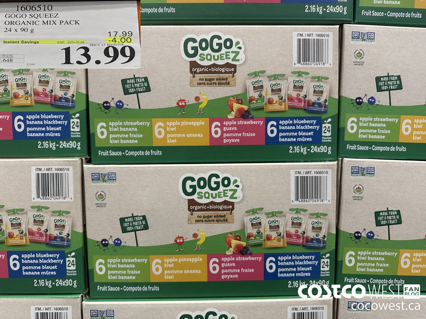 1606510 GOGO SQUEEZ ORGANIC MIX PACK 24 X 90 G ($4.00 INSTANT SAVINGS EXPIRES ON 2024-02-04) $13.99