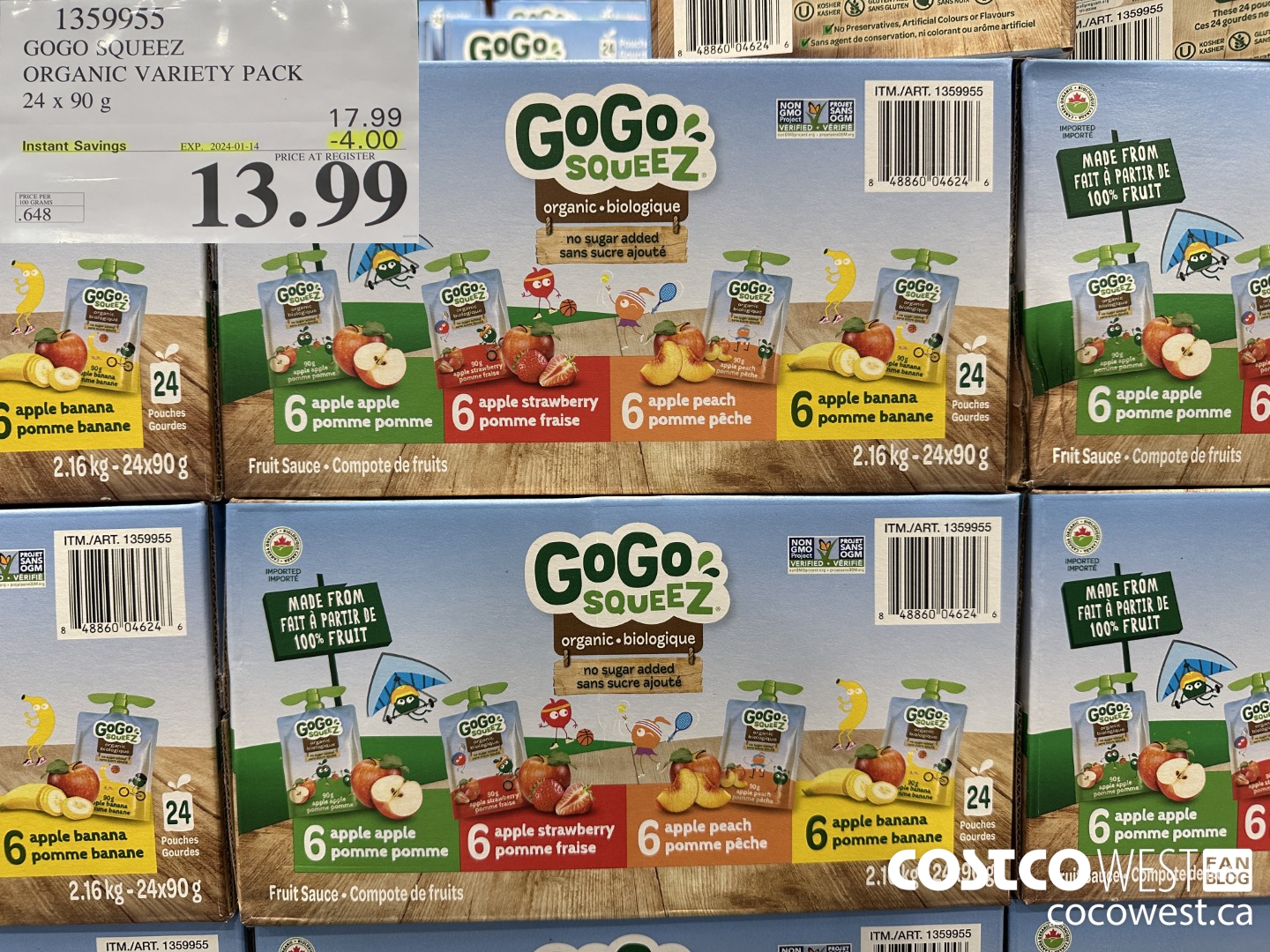 1359955 GOGO SQUEEZ ORGANIC VARIETY PACK 24 x 90g ($4.00 INSTANT SAVINGS EXPIRES ON 2024-01-14) $13.99