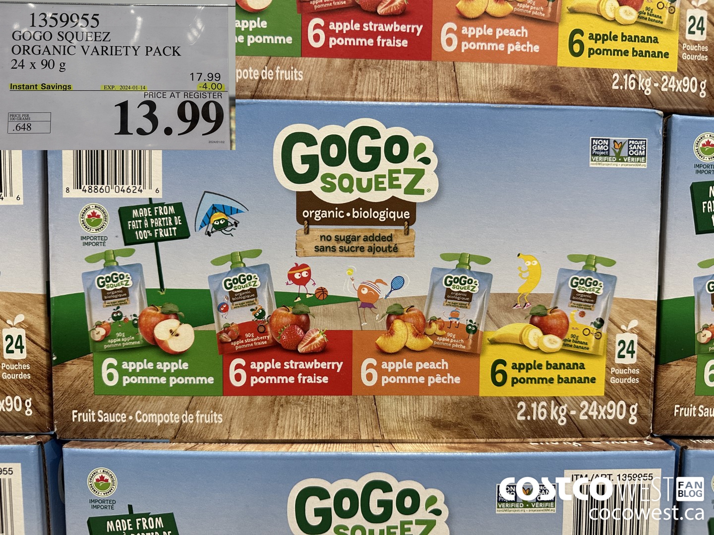 1359955 GOGO SQUEEZ ORGANIC VARIETY PACK 24 x 90g ($4.00 INSTANT SAVINGS EXPIRES ON 2024-01-14) $13.99