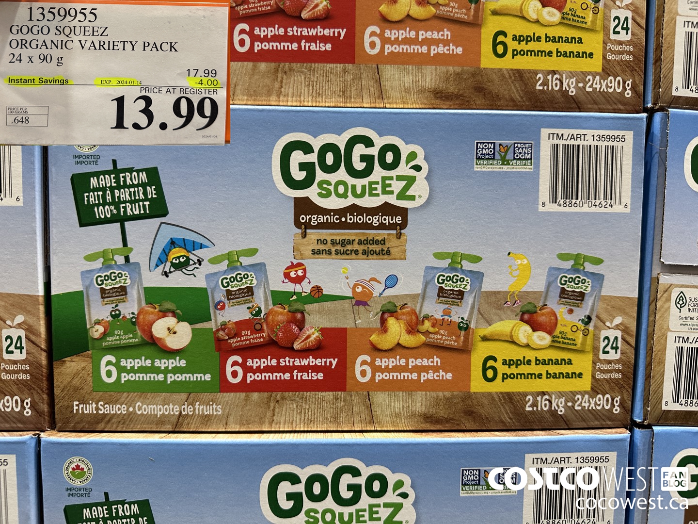 1359955 GOGO SQUEEZ ORGANIC VARIETY PACK 24 x 90g ($4.00 INSTANT SAVINGS EXPIRES ON 2024-01-14) $13.99